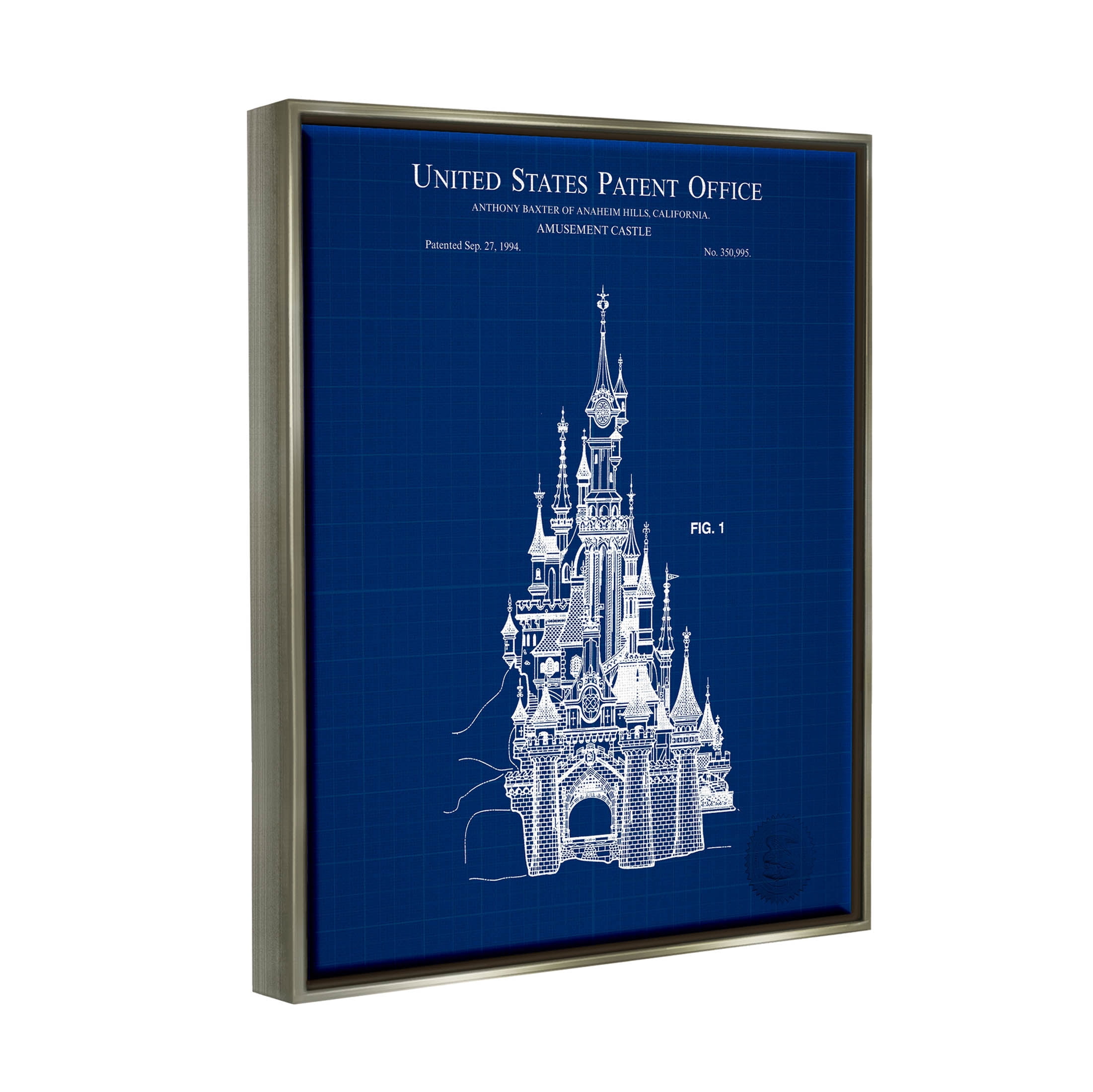 Stupell Industries Amusement Castle Blueprint Graphic Art Luster Gray Floating Framed Canvas Print Wall Art, Design by Karl Hronek