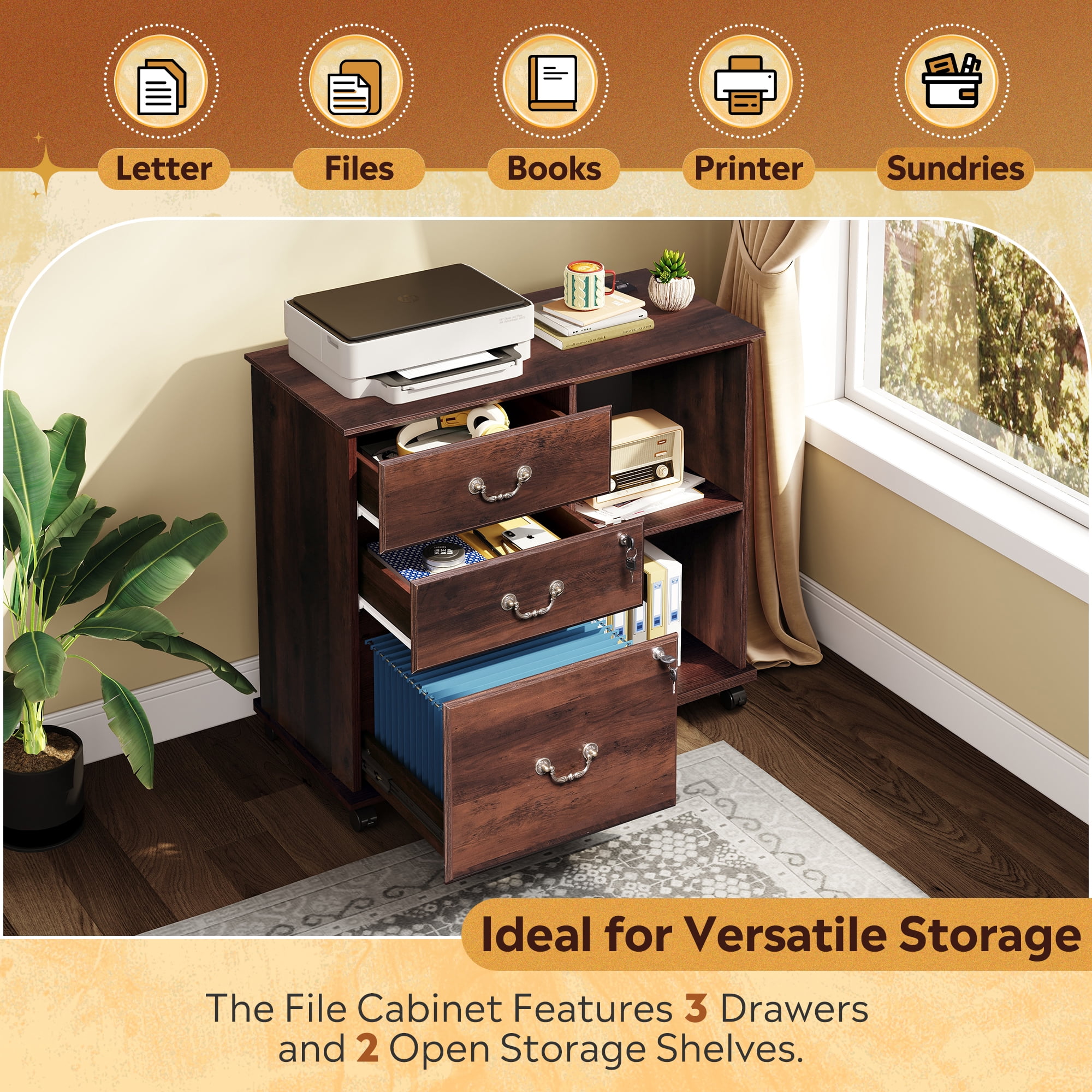 GALAXHERO 3 Drawer File Cabinet with Charging Station, Wood Lateral Filing Cabinet with Lock, Rolling Printer Stand with Storage for Home Office, Brown Oak