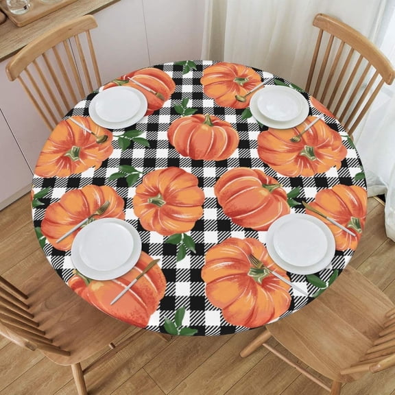 Autumn Pumpkins Checkerboard Tablecloth with Elastic Edge, Round Table Cloth Happy Thanksgiving Washable Reusable Table Cover for Kitchen Dining Party Picnic, Small