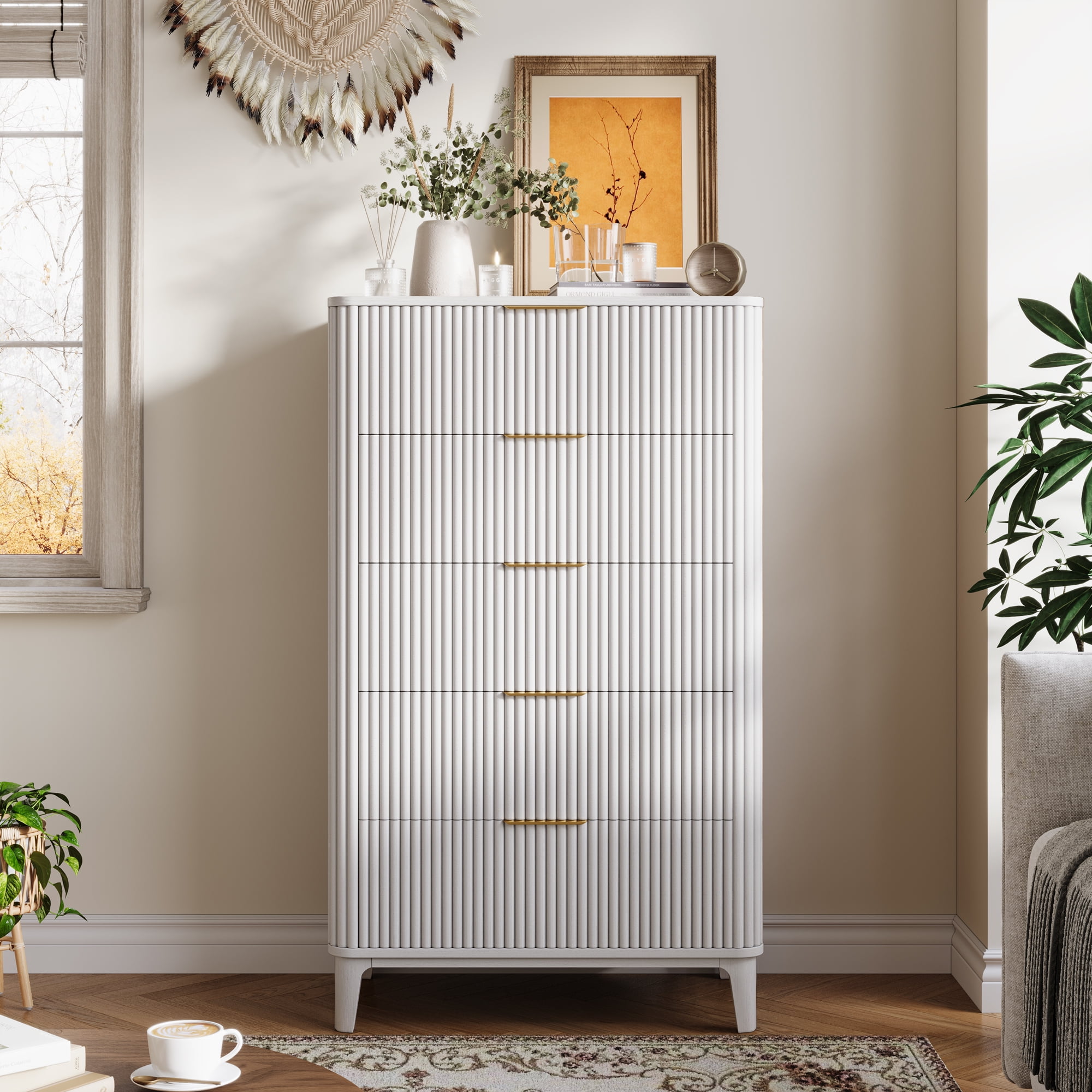 TOKSOM 5 Drawer Dresser, Modern Minimalist Tall Chest of Drawers, White Wood Clothing Organizer with Fluted Design & Gold Handles for Bedroom