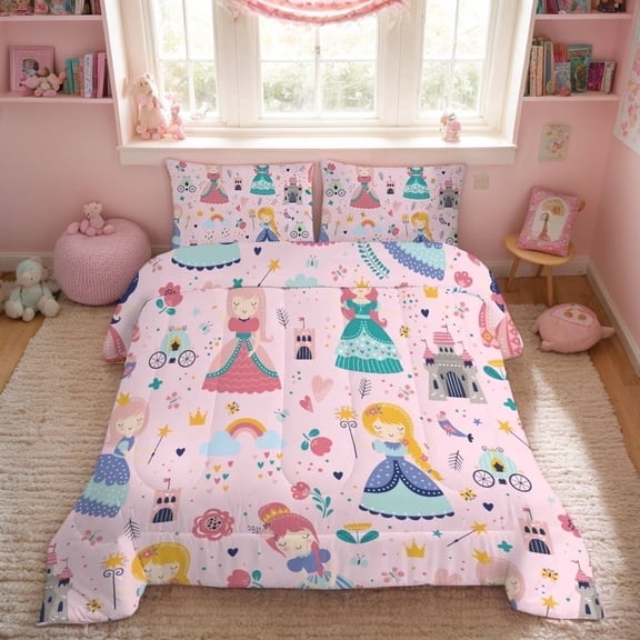 Pink Comforter Set Princess Fairy Castle Printed Pattern Quilt Bedding Set with 1 Comforter and 2 Pillowcases for Girls Kids Queen Size