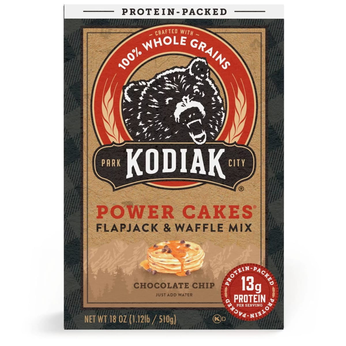 (6 pack) Kodiak Protein-Packed Power Cakes Chocolate Chip Pancake and Waffle Mix, 18 oz Box
