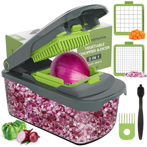 Vegetable Chopper Cutter with Container, Manual Hand Food Veggie Dicer with 2 Chopping Blades for Potato Strips, Onion Cubers, Carrot Sticks, Essential Kitchen Gadgets (2 in 1, Gray)