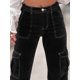 thumbnail image 3 of Pantalones vaqueros de tiro medio para mujer Bolsillos grandes con solapa Pierna ancha Elástico alto Negro // Blanco Pequeño, 3 of 4