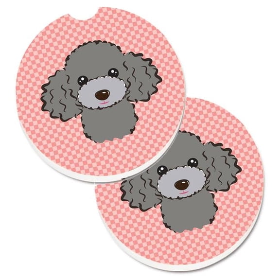 Checkerboard Pink Silver & Grey Poodle Set of 2 Cup Holder Car Coaster