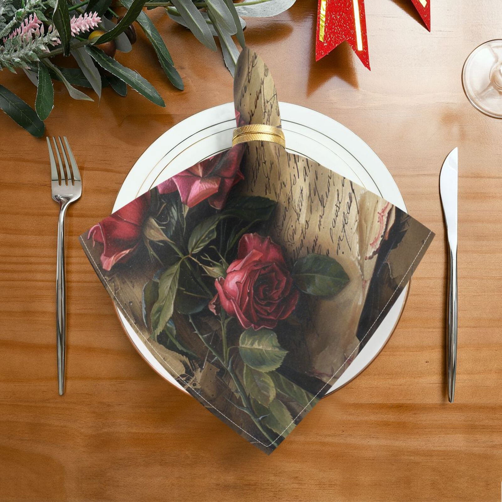 JSTEL Red Rose Pen Letter Cloth Napkins Set of 6, 20x20 Inch Washable and Reusable Napkin for Decoupage Dinner Party Everyday Use