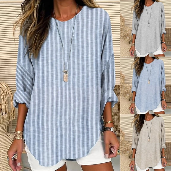 YVNAURA Women's Cotton Linen Striped Top Retro Blouse Loose Long Sleeve Crew Neck Vintage Tee Breathable Lightweight Casual Summer Beach Tunic 2026, Blue,L