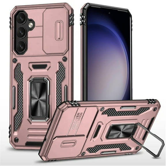 TJS for Samsung Galaxy S24 FE Phone Case, [Military Grade] Metal Ring Holder Magnetic Support Kickstand with Camera Lens Cover for Galaxy S24FE (Rose Gold)