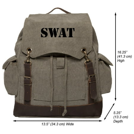 Swat Gear Bags - SWAT Team Text Vintage Canvas Rucksack Backpack with Leather Straps