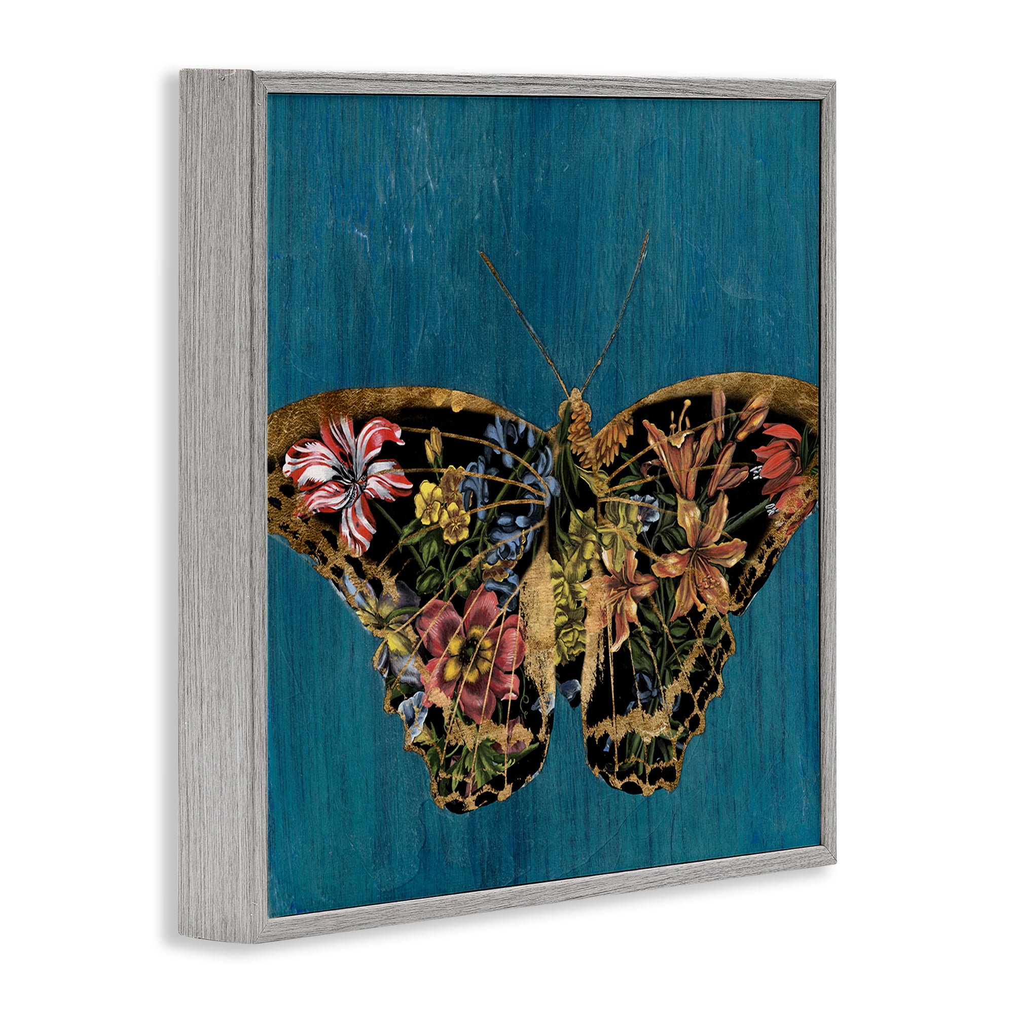 Stupell Industries Butterfly with Floral Wings Animals & Insects Painting Gray Framed Art Print Wall Art, 17 x 17