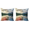 thumbnail image 1 of Mountain Throw Pillow Cushion Cover Pack of 2, Edith Lake with Old Boats During Sunset in Jasper Alberta Canada, Zippered Double-Side Digital Print, 4 Sizes, Slate Blue Multicolor, by Ambesonne, 1 of 2