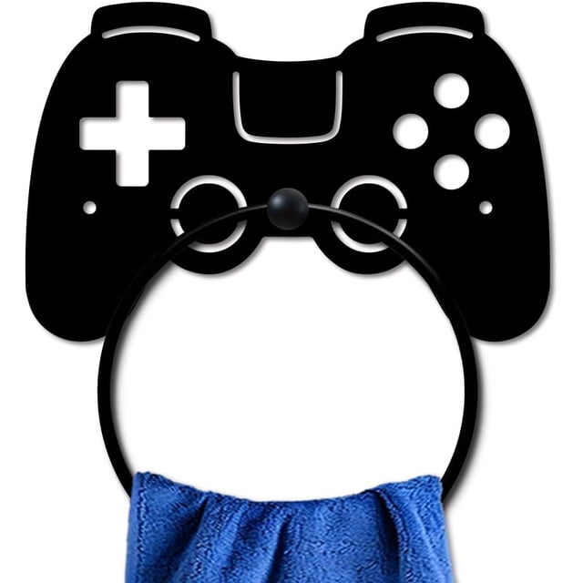 Toallero de metal con forma de mando para mando de juegos, soporte para toallas para decoración de habitación de gamer, toallero de arte negro montado en la pared