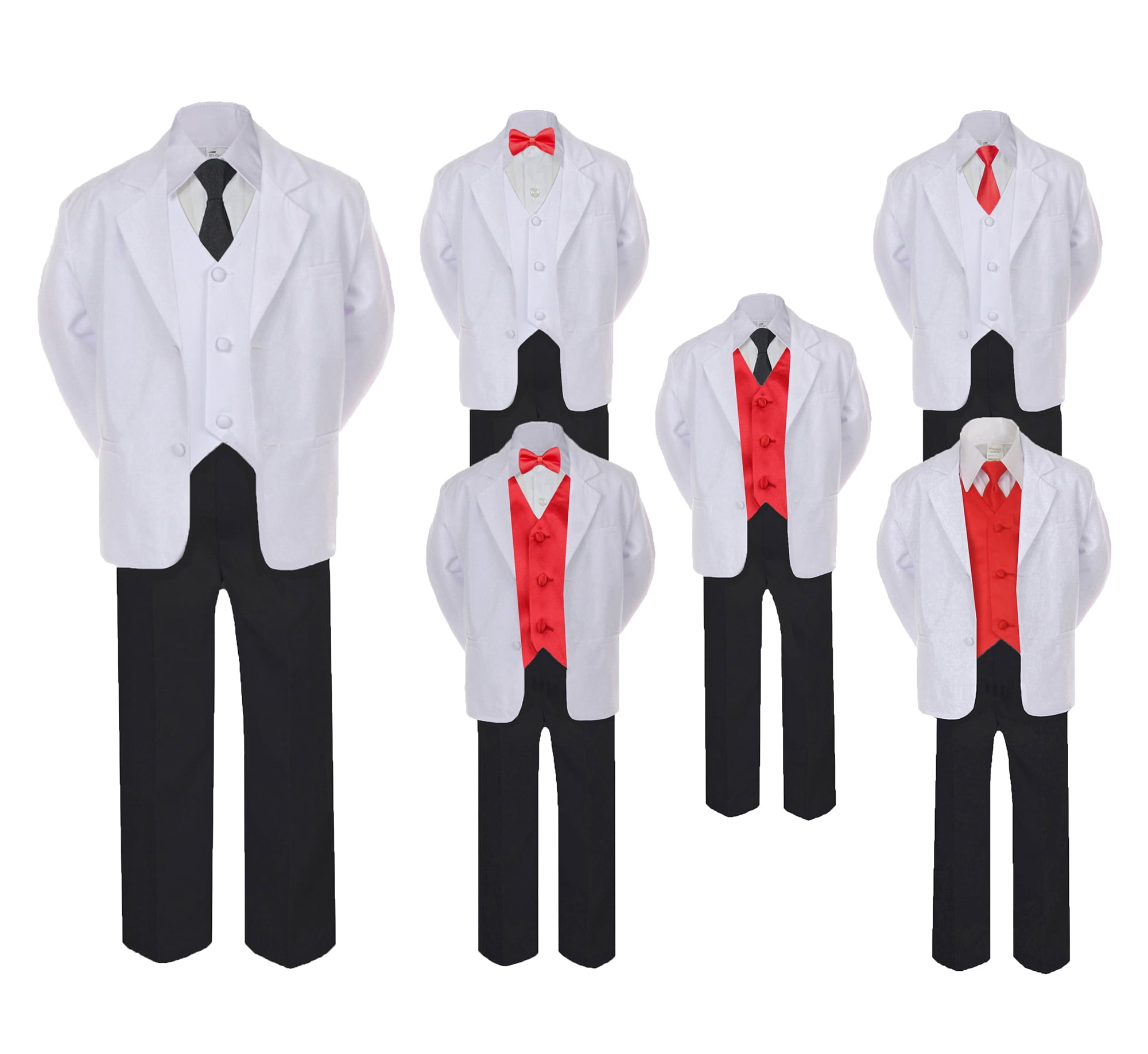 New Baby Boy Formal Wedding Party 7pc Black Suit Tuxedo Red Vest Bow Tie S-4T 