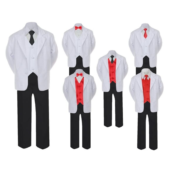 5-7pc Formal Black White Suit Set Red Bow Long Tie Vest Boy Baby Infant Sm-20 Teen