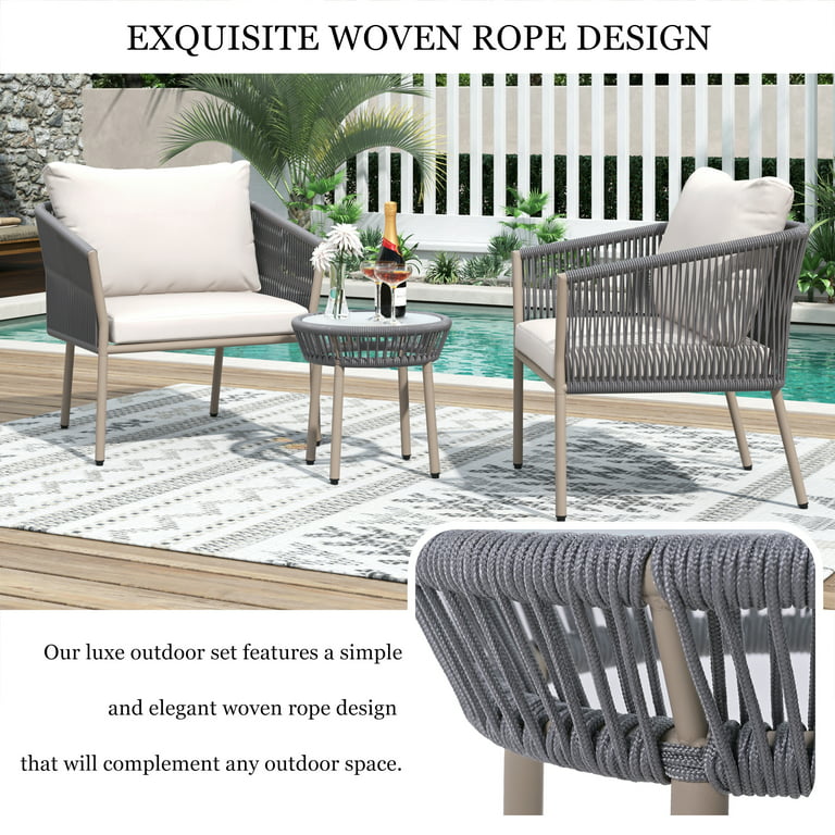 SEGMART 3-Piece Outdoor Woven Rope Bistro Set, Patio Chat Conversation sets  with 2 Single Chairs and 1 Coffee Table, Modern Woven Rope Patio Furniture  Set for Yard, Porch, Pool, Gray 