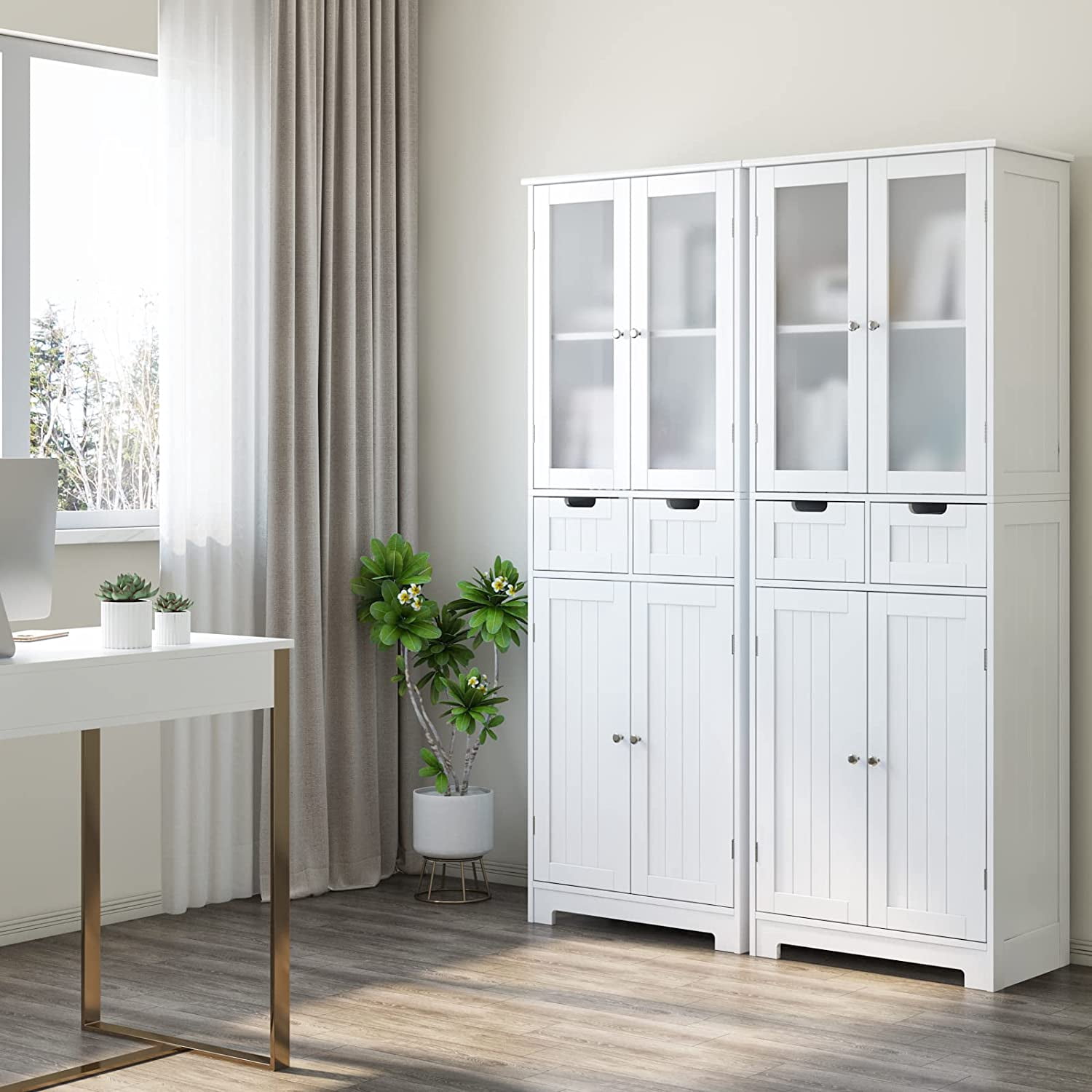 67" Tall Storage Cabinet, Freestanding Pantry Cabinet with Glass Door and Shelves, Linen Bathroom Cabinet with 2 Drawers for Living Room, Kitchen, Dining Room, Office, White