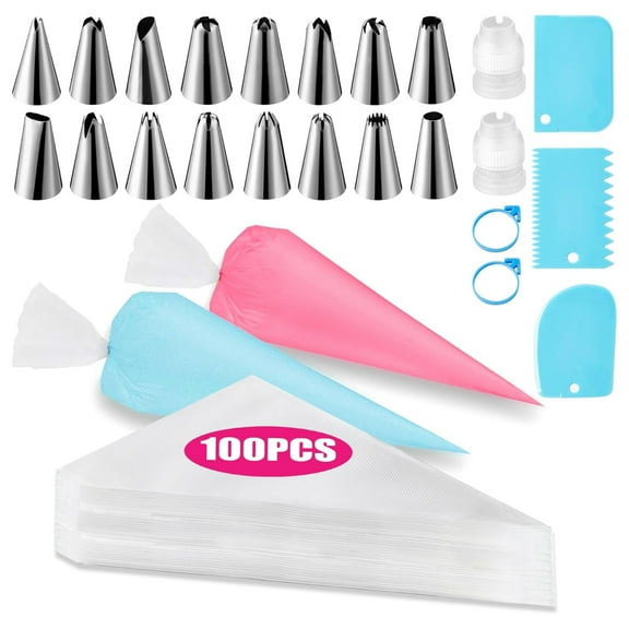 Piping Bags and Tips Set, Cakes Decorating Supplies Kit with 100pcs 12 Inch Pastry Bags, 16 Piping Tips, 3 Cake Scraper, 2 Couplers, 2 Bag Ties, Simple and Convenient Baking Supplies Set