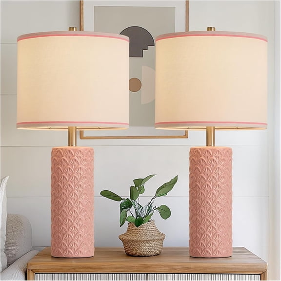 27" Pink Modern Ceramic Table Lamp Set of 2, Farmhouse Bedside Lamps for Living Room, 3 Color Temperature Rustic Table Lamps for Bedroom, Night Stands, Dorm,Office, Home Décor (Bulb Included)