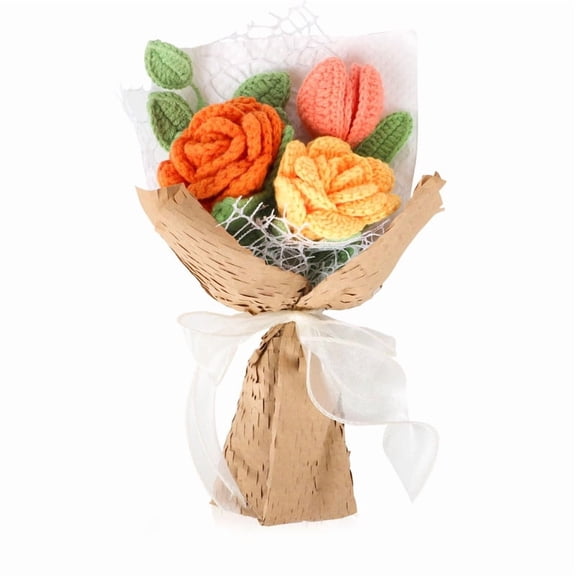 Handmade Crochet Flower Bouquet, Orange Roses Knitted Flower Bouquet Crochet Flowers Bouquet with Packing for Festival Graduation Wedding Party Home Decor