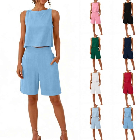 Zynoxe Womens Two Piece Short Sets Cotton Linen Plus Size Tank Top and Shorts Summer Outfits Matching Sets Women ClothingLight BlueS