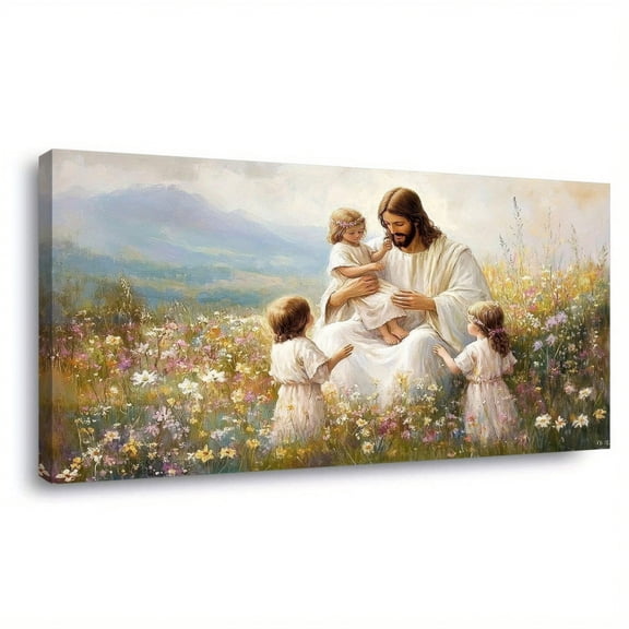Jesus with Children in Flower Field Framed Canvas Wall Art 48x24 Inch Christian Religious Decor for Home Living Room Bedroom Nursery