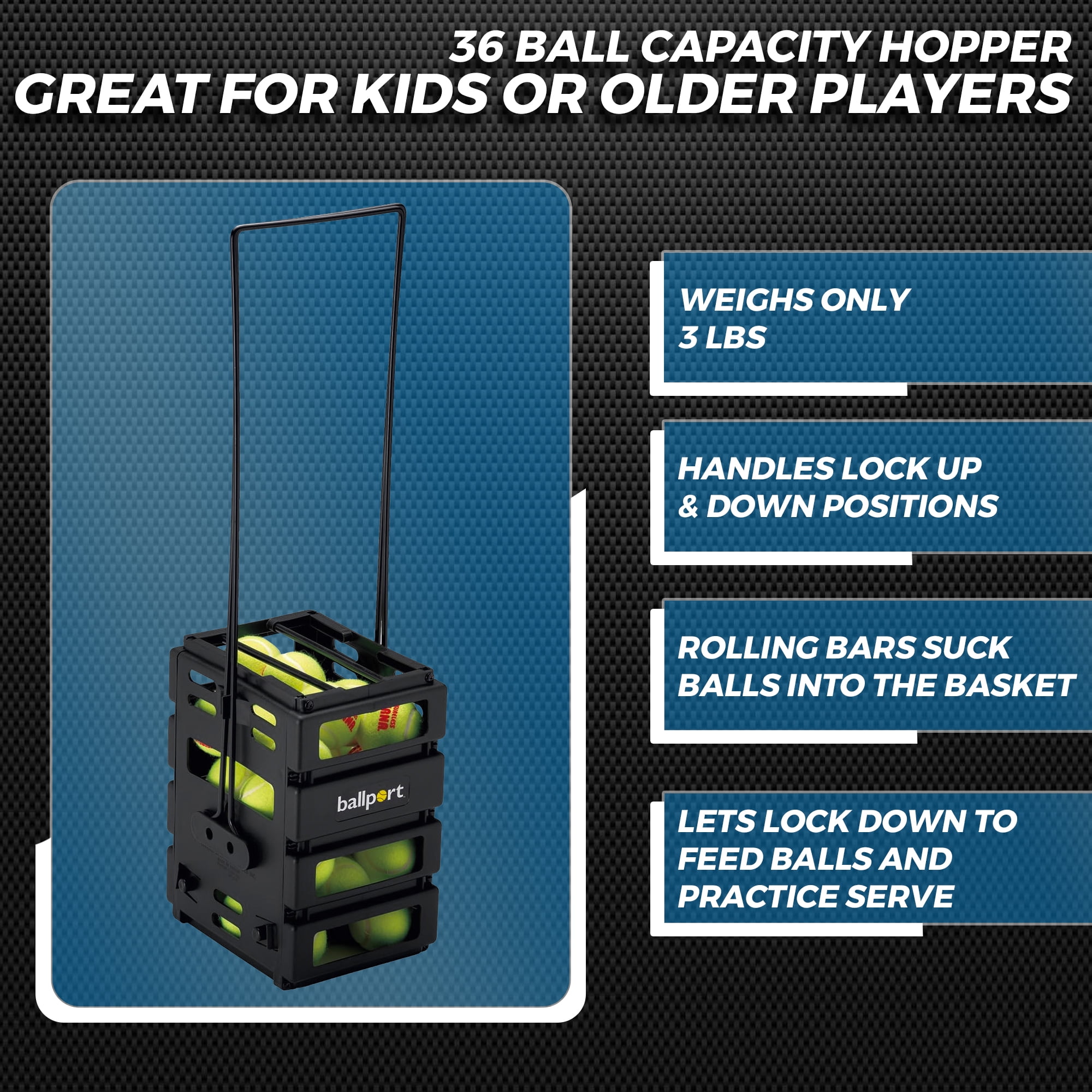Tourna Mini Ballport Tennis Ball Pick Up Hopper - Holds 36 Balls - Black