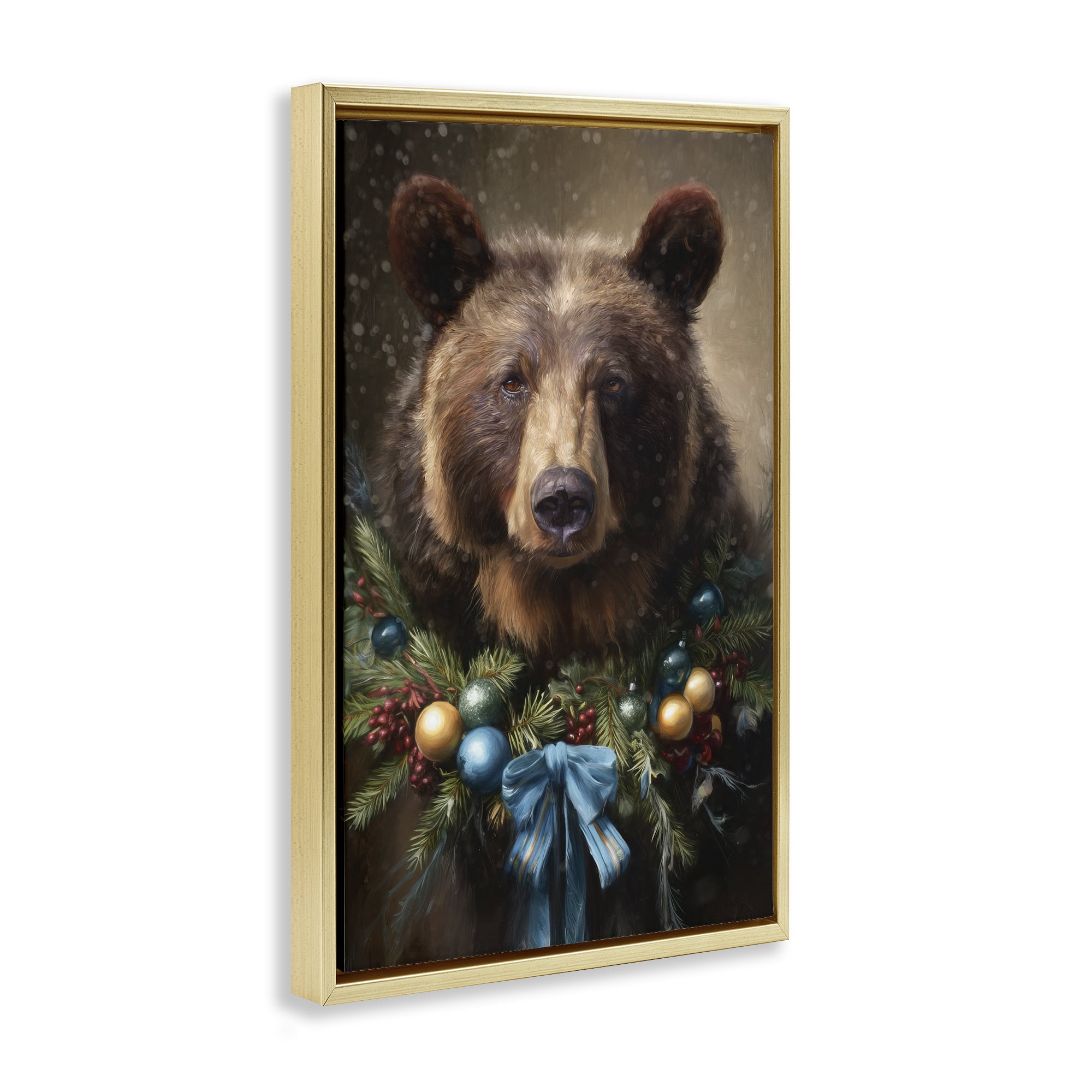 Stupell Industries Christmas Grizzly with Wreath Gold Framed Floater Canvas Wall Art, design by Tina LeCour