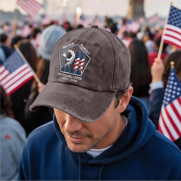 9/11 Never Forget 25th Anniversary Baseball Cap - 2001-2026 25 Years Later Pentagon Badge Vintage Washed Cotton Patriot Day Commemorative Hat, Adjustable Unisex Dad Cap for Men and Women