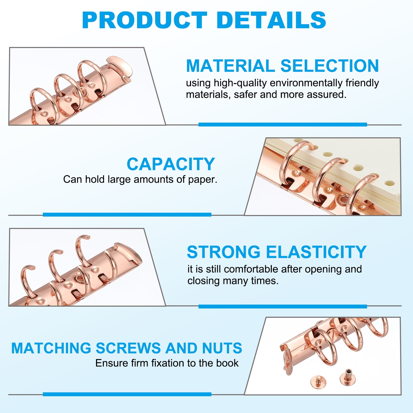 Uxcell A5 Ring Binder Mechanisms, 3 Set 6-Hole Replacement Binder Planner, Rose Gold