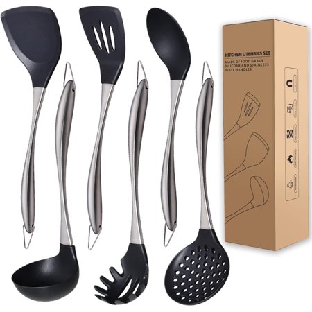 Kitchen Utensils Set, Large Non-stick Silicone Cooking Utensils Set 6 Pcs,Made of 446°F Heat Resistant Food Grade Silicone and Stainless Steel Handles,Easy to Clean Kitchen Gadgets Set (Silver)