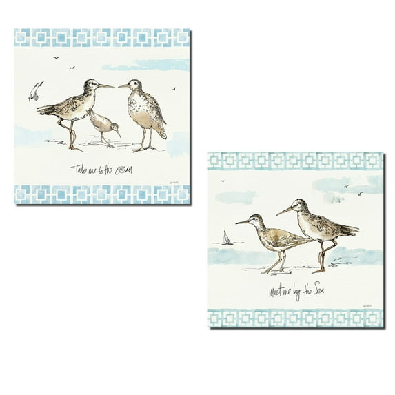Sandpiper Sea | Coastal 'Take Me To The Ocean' and 'Meet Me By the Sea' Set by Anne Tavoletti; Two 12x12in Blue/Brown