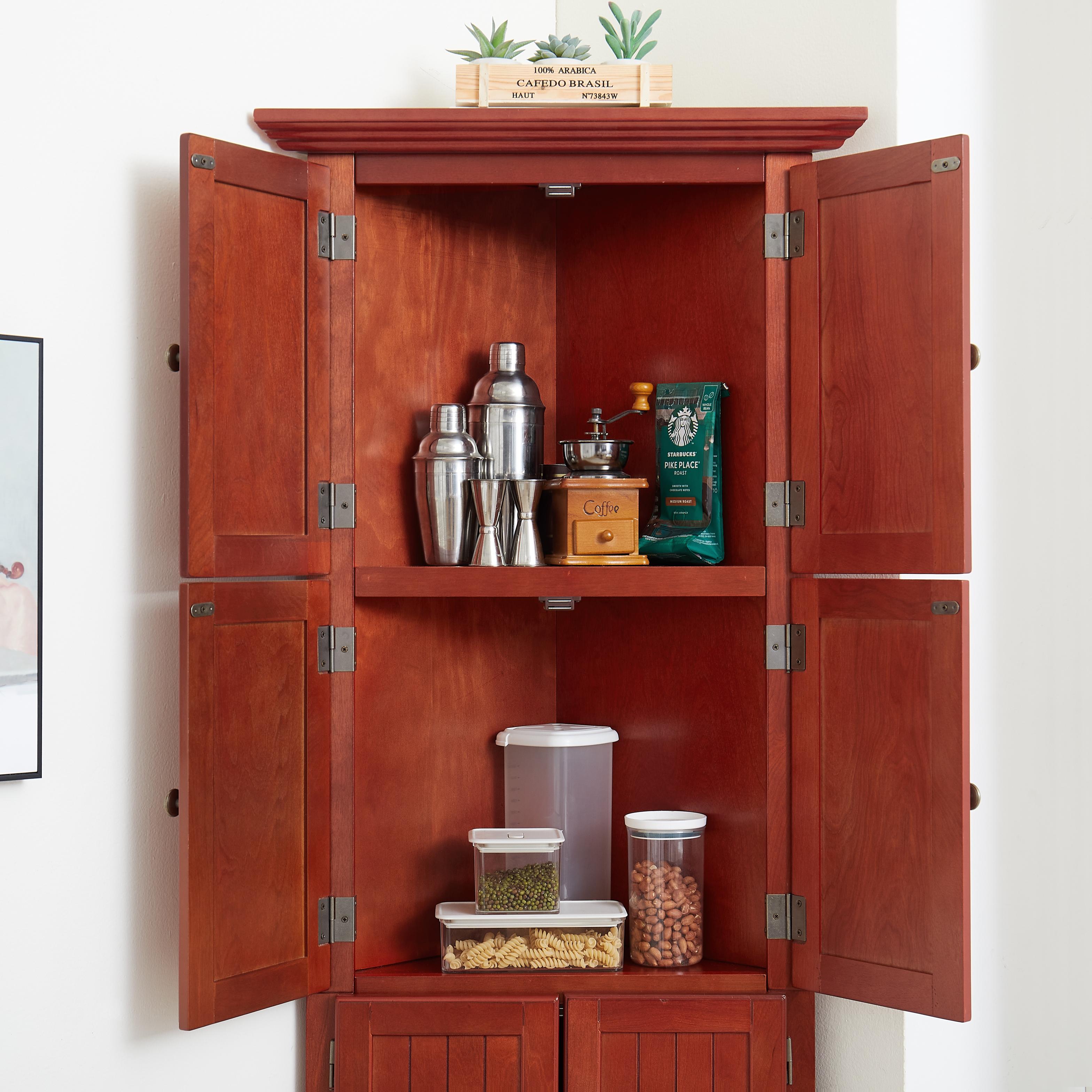HSUNNS 4-Tier 72" Tall Corner Kitchen Pantry Storage Cabinet with 8 Doors, Freestanding Cupboard Storage Cabinet with Shelves, farmhouse bookshelf Cabinet for Kitchen, Bathroom, Living room, Cherry