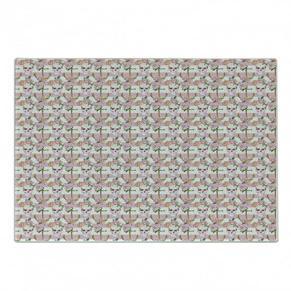 Nautical Cutting Board, Watercolor Art Marine Skull and Anchor with Roses Vintage Feminine Pattern, Decorative Tempered Glass Cutting and Serving Board, Small Size, Pink Green White, by Ambesonne