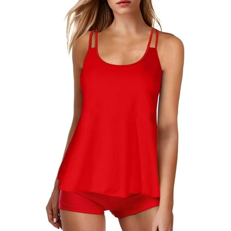 Rigardu Hot Sale!! Flowy Tankini Bathing Suits for Women Tummy Control Swimsuits Two Piece Swimwear Tank Top with Boyshorts Women s Slimming and Shielding Two Swimsuit for Women with Straps Red S