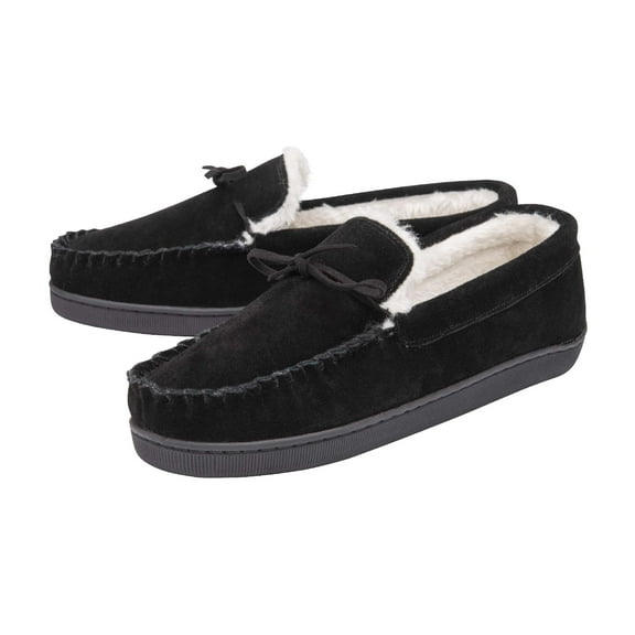 Dunlop - Mens Suede Leather Faux Fur Lined Moccasin Slippers with Memory Foam & Rubber Sole