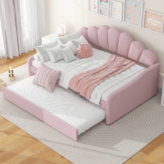 DreamBuck Full Size Upholstered Daybed with Trundle, Velvet Upholstered Daybed with Shell Shaped Backrest, Full Daybeds for Adults, Modern Daybed Frame for Bedroom, Living Room, Guest Room, Pink