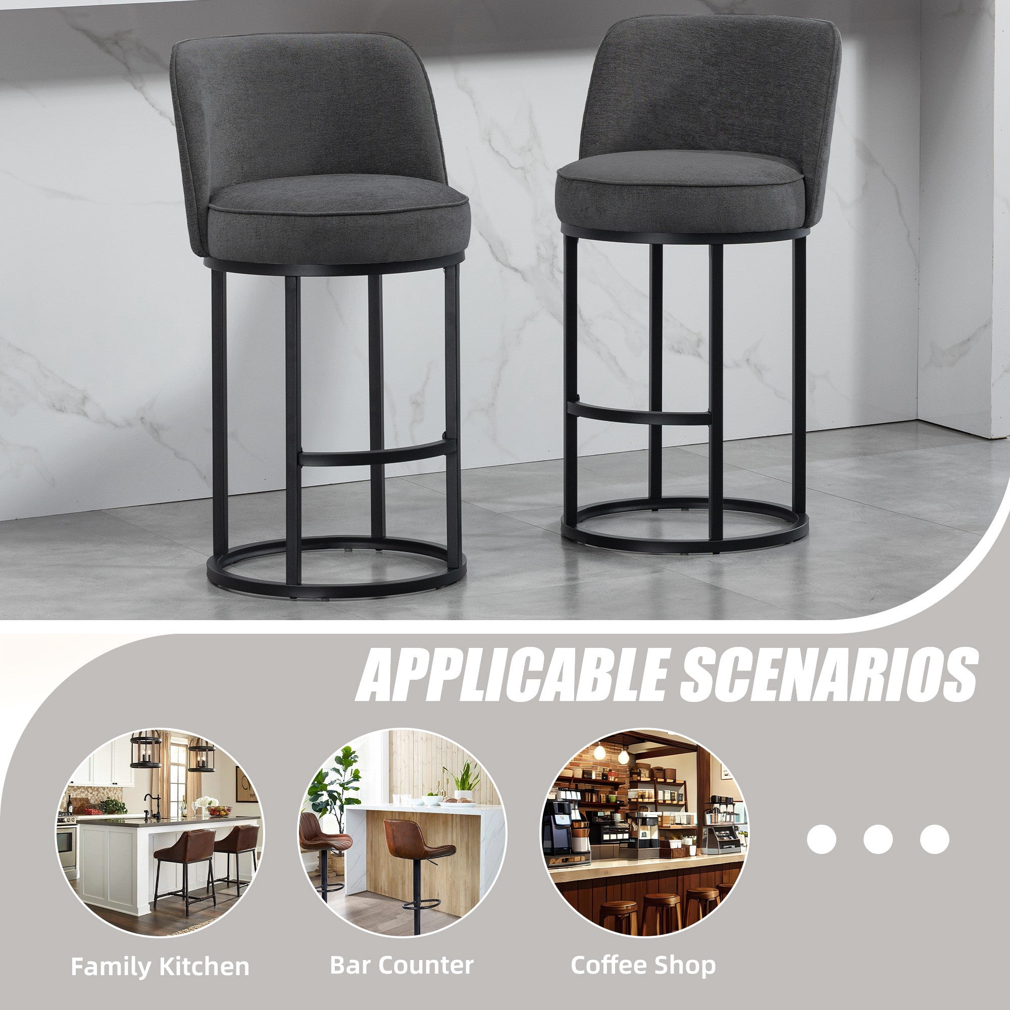 Sailvan Counter Height Bar Stools Set of 2,Modern Upholstered Linen Fabric Kitchen Island Stools with Barrel Backrest & Sturdy Metal Frame Gray