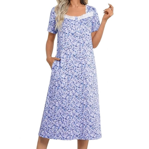 Avidlove Long Nightgowns for Women Henley Floral Ladies Gowns Short Sleeve Btton Neck Nightdress House Dress Sleepwear with Pockets