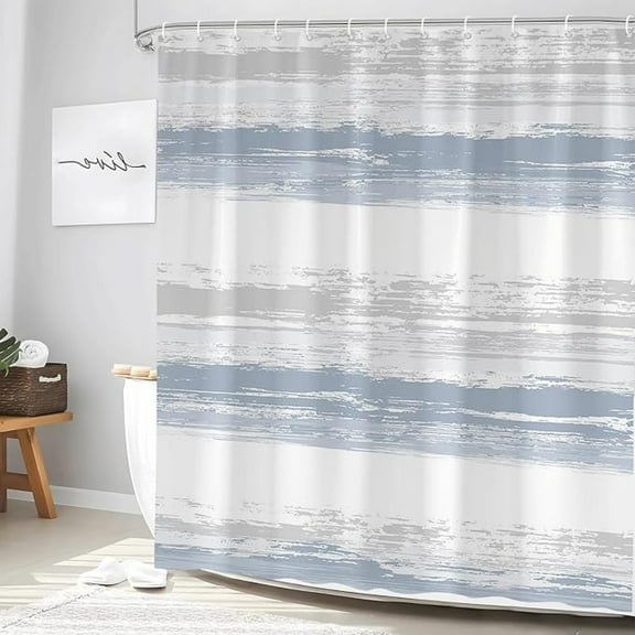 Blue Grey Striped Shower Curtain Modern Fashion Abstract Geometric Aesthetic Contemporary Simple Boho Watercolour Polyester Bathroom Decor Set With Hooks 54"W x 72"L