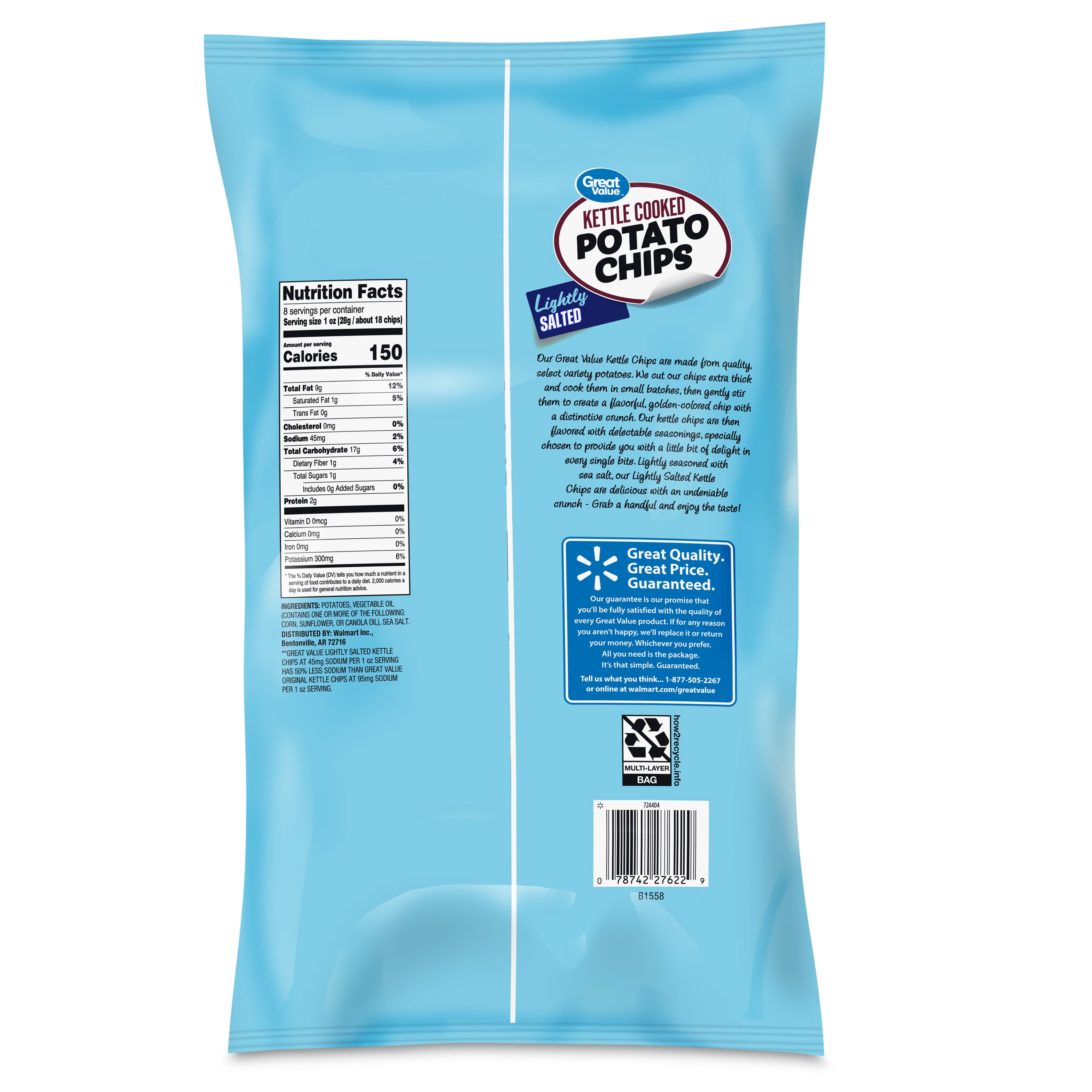 Great Value Kettle Cooked Lightly Salted Potato Chips, 8 oz