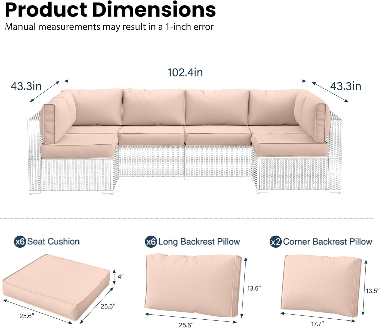 UDPATIO Outdoor Replacement Cushions for Patio Furniture, Water-Resistant Patio Cushions for 6-Seat Sectional Patio Conversation Sets, 14-Piece Outdoor Cushion Slipcovers Patio Sofa Cushions (Beige)