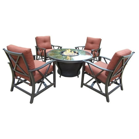 Newport Deep Seating Outdoor Furniture 5-Piece Bronze Finish Aluminum Outdoor Furniture Patio Fire Pit Deep Seating Chat Set - Red Cushions ()