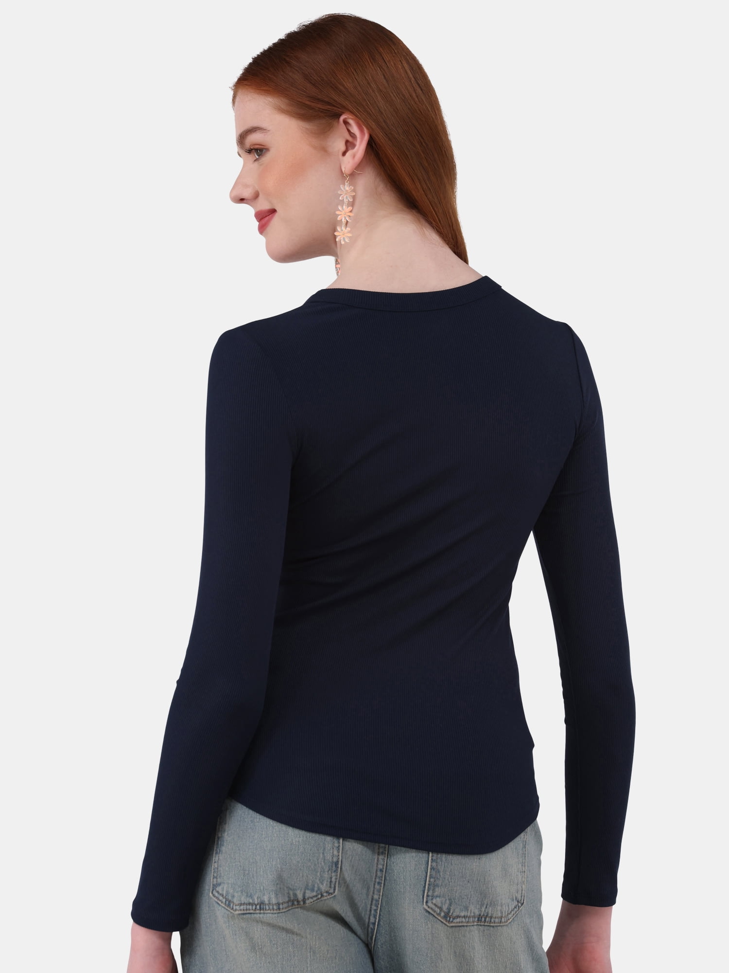 No Boundaries Ribbed Crewneck Tee with Long Sleeves, 1 or 2-Pack, Women's & Women's Plus XXS-XXL