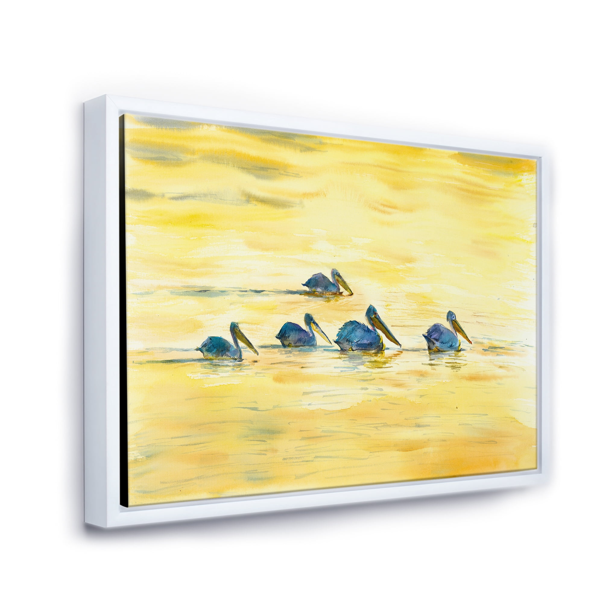 Designart 'Pelicans Birds On The Yellow River' Farmhouse Framed Canvas Wall Art Print