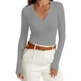 thumbnail image 2 of Otntypg Women Long Sleeve V Neck Shirts for Women Business Casual Work Top Knit Slim Fit for Fall Spring Lightweight Thin Basic Tees Blouse Gray L, 2 of 9