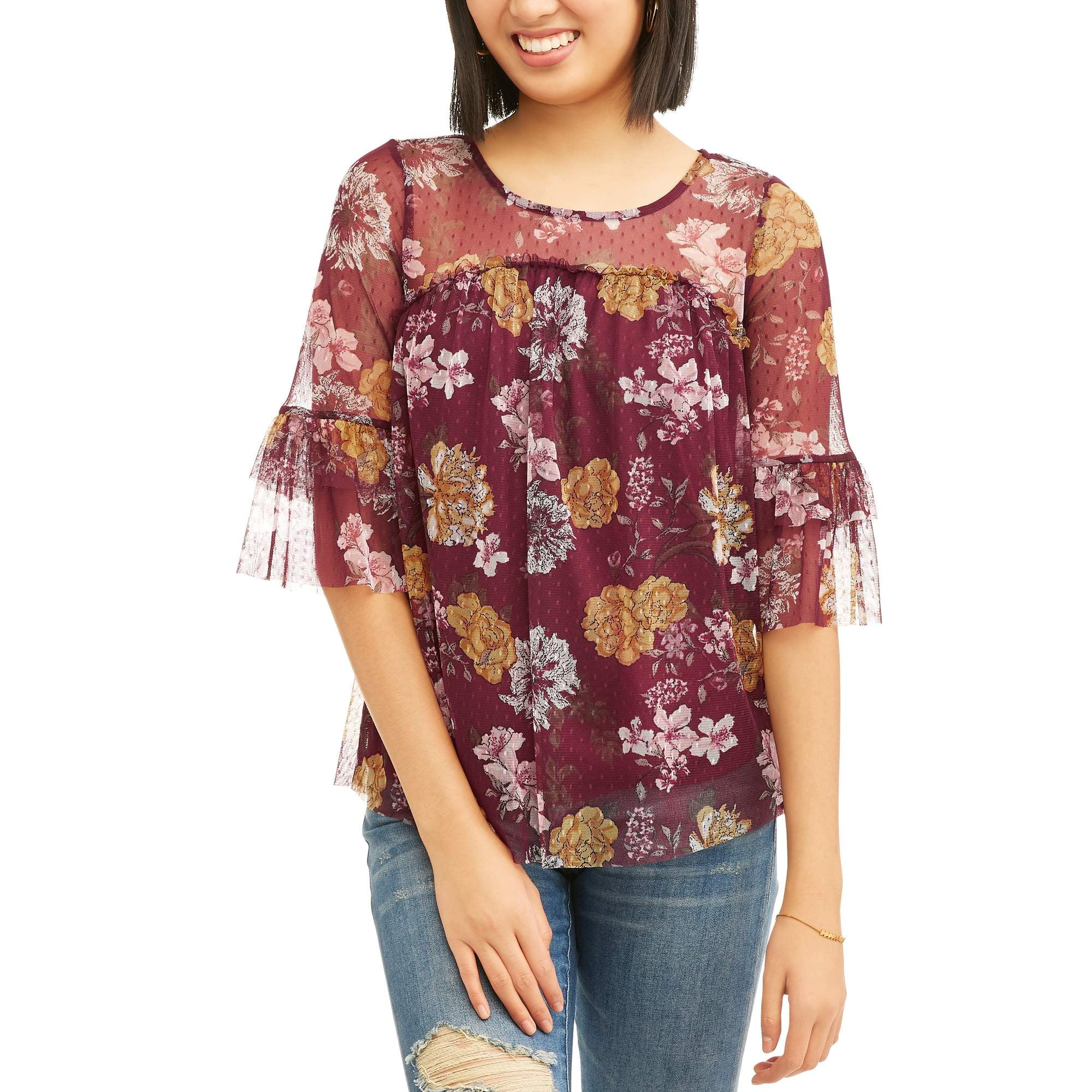 No Boundaries No Boundaries Juniors' printed mesh peasant blouse w