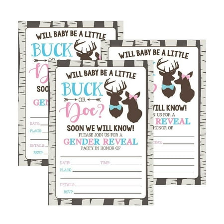 25 Buck or Doe Deer Gender Reveal Baby Shower Party Invitation Cards, Pink Blue He She Personalized For Gender Neutral Unisex Invite Guess If It's a Boy or Girl Fill In The Blank Printable Invite Pack