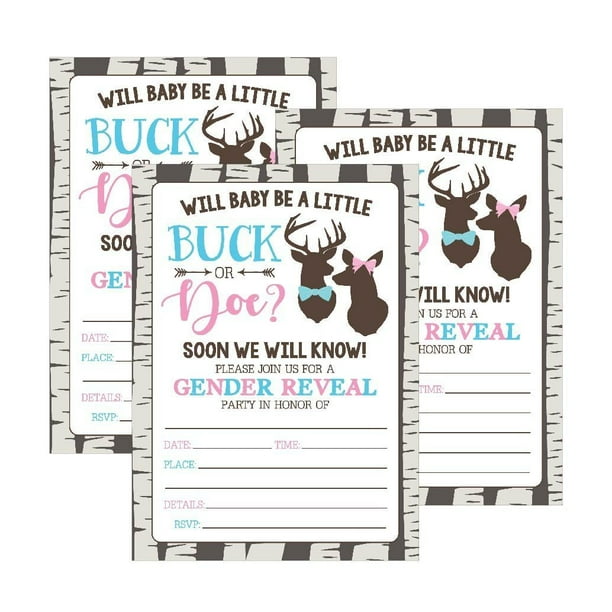 25 Buck Or Doe Deer Gender Reveal Baby Shower Party Invitation Cards Pink Blue He She