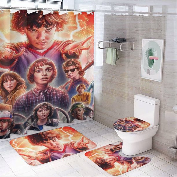 Juego de 4 cortinas de ducha de Stranger Things con alfombrillas antideslizantes, tapa de inodoro y alfombrilla de baño, cortina de ducha impermeable con decoración de dibujos animados para baño con