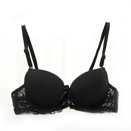 

FANTADOOL Women Girls Bra Gather Adjustable Seamless Push Up Wireless Front Button Lace Underwear Black 80B